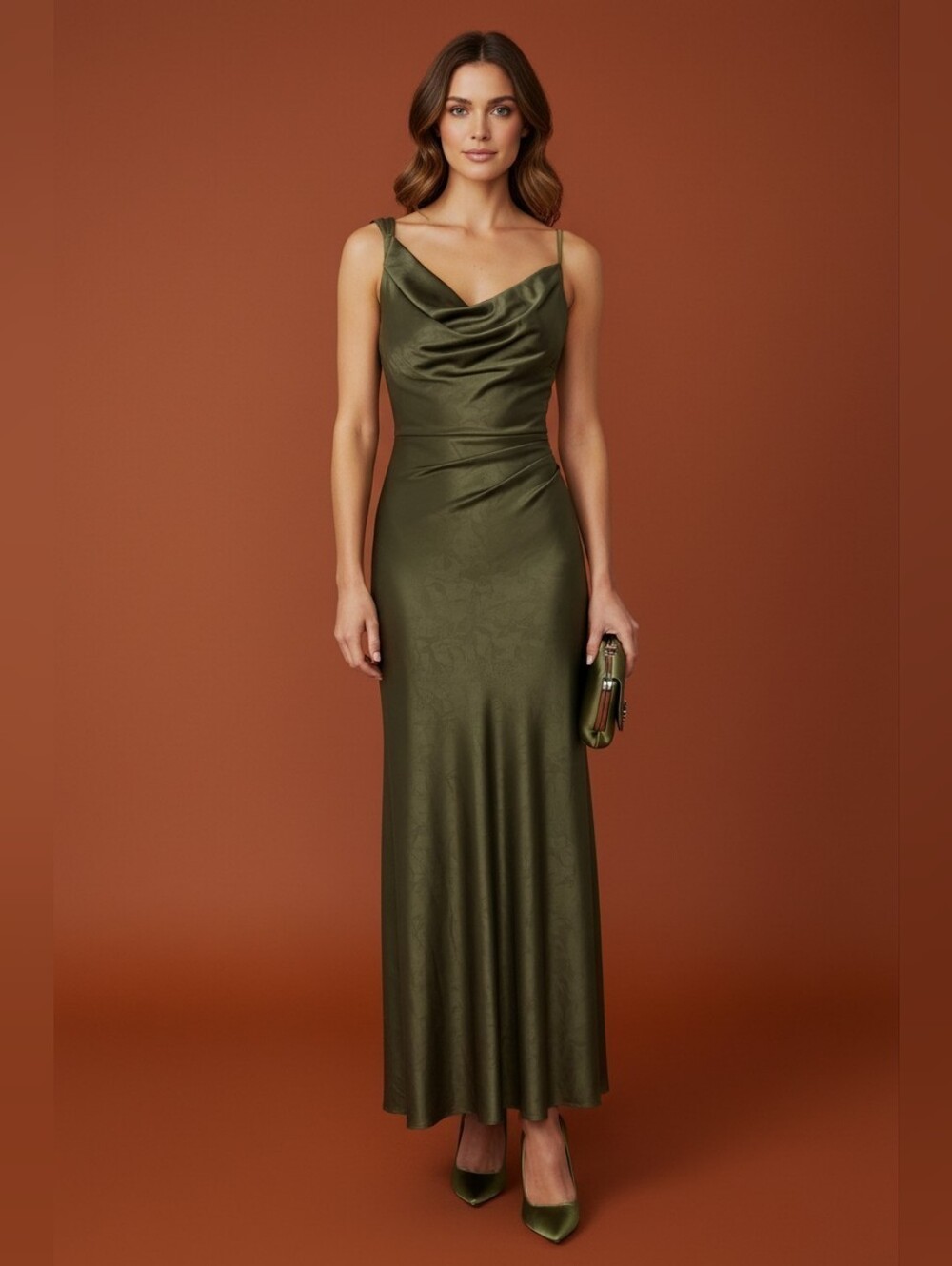 Olive Green One-Shoulder Satin Slip Dress Bridesmaid Autumn Wedding guest Dress